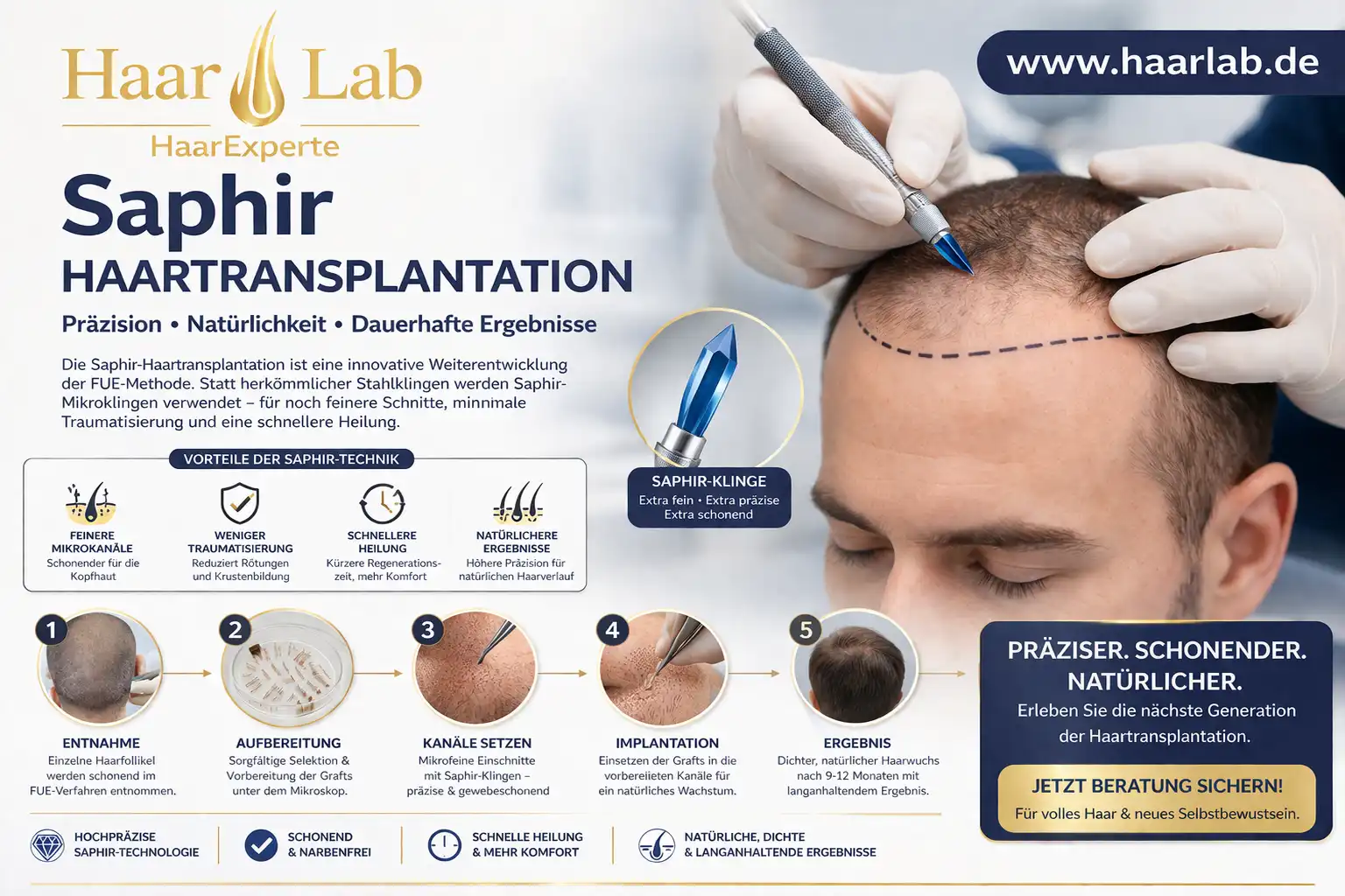 Saphir Haartransplantation Mannheim Klinge im Detail &ndash; pr&auml;zise Technik HaarLab